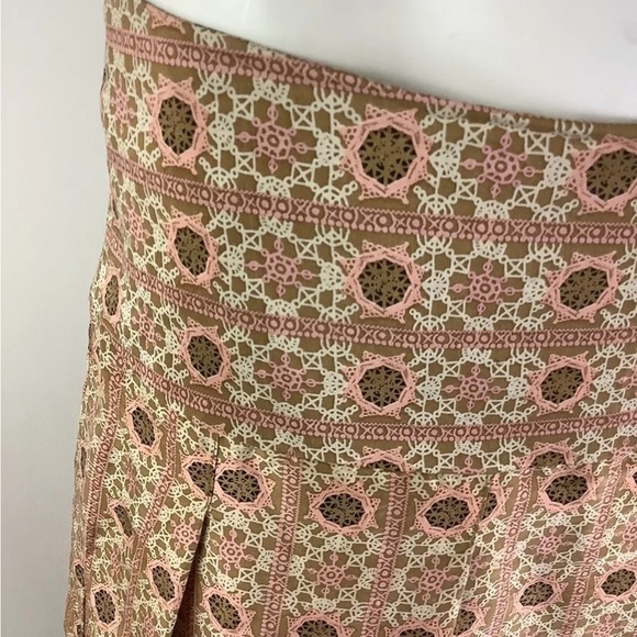 Anthropologie Sz 8 100% Silk Satin Pleated A-Line Skirt Pink Orange Geometric - Picture 2 of 6